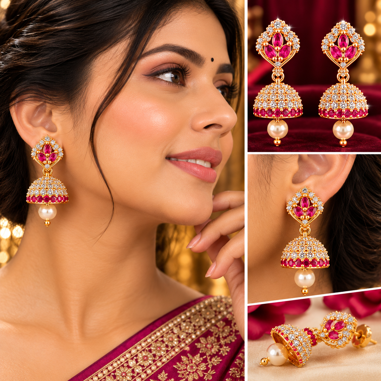 Ornate Ruby Lotus CZ Pearl Gold Jhumka Earrings